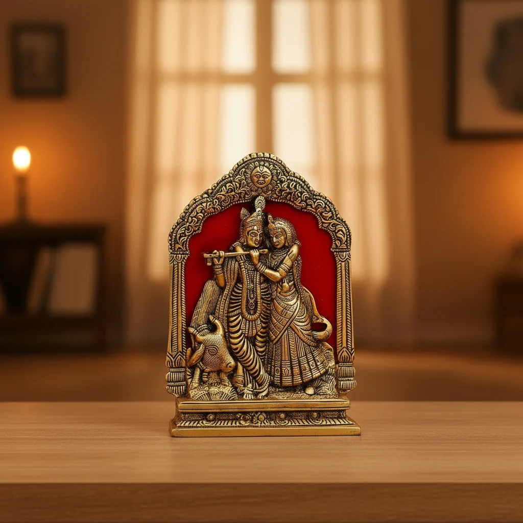 Premium Metal Radha Krishna Idol Statue Wall Hanging for Home and Office Decor| Radha Krishna murti for Home Decor ( 7 x 8 Inches, Gold
