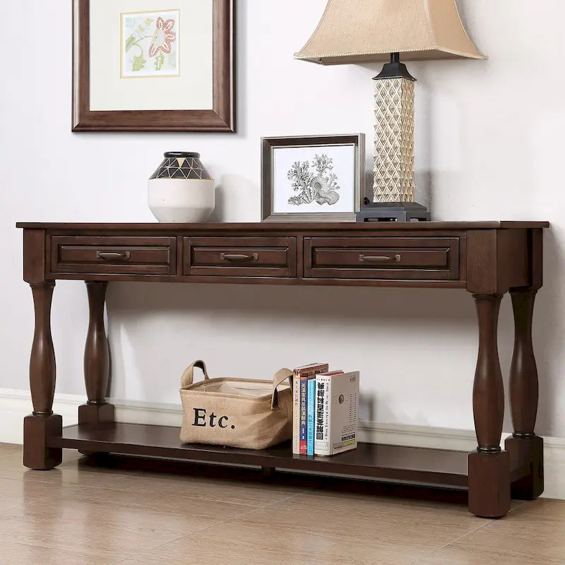 Solid Wood Console Table with 3 Drawers and Bottom Shelf - 63W