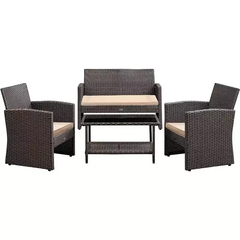 Balkene Home Ashville Conversation Wicker Outdoor Patio Set - Sofa, Table & Two Armchairs Included Khaki Cushions & Tempered Glass Top Easy Assembly