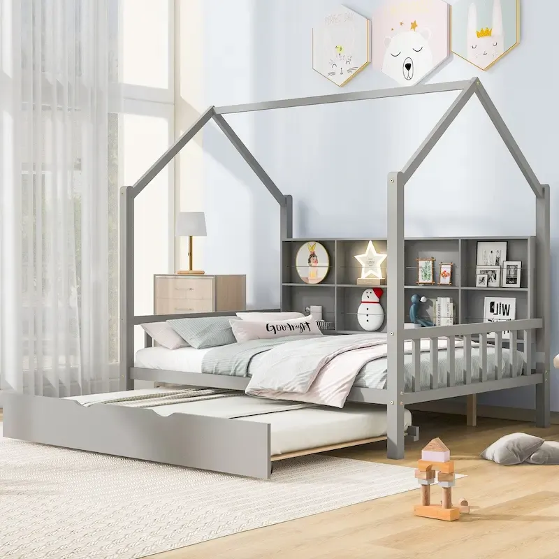 Full Solid Wood House Day Bed with Trundle