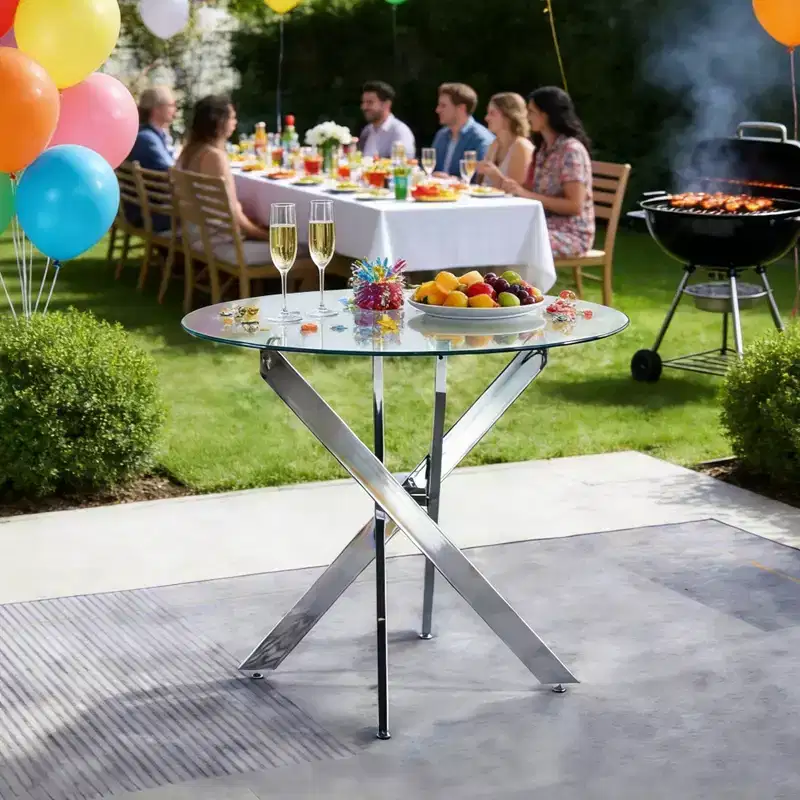 Square Dining Table with Chrome Cross Metal Legs & Tempered Glass Top, 35x35