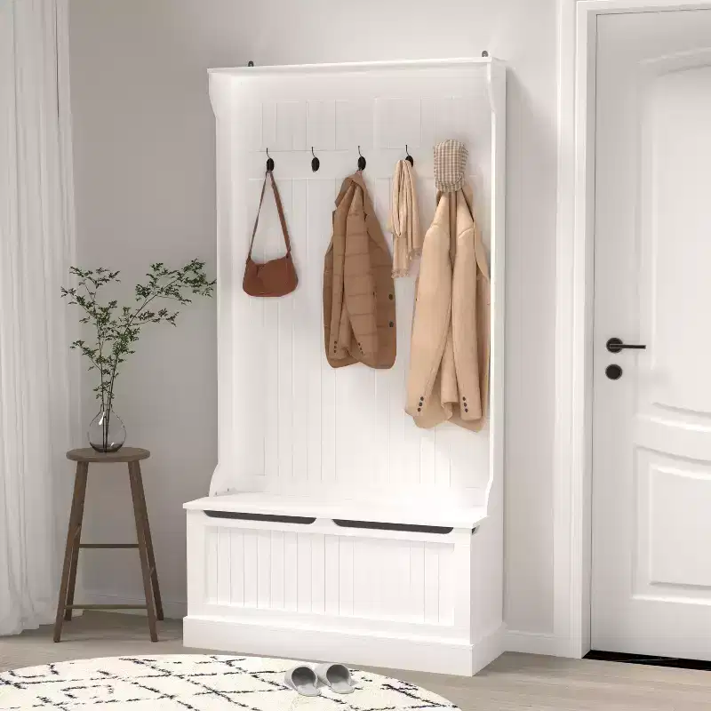 Okak Minimalism Hall Tree with 5 Hooks, Freestanding Coat Rack with Shoe Storage Bench, Entryway Storage for Living Room, Hallway, White