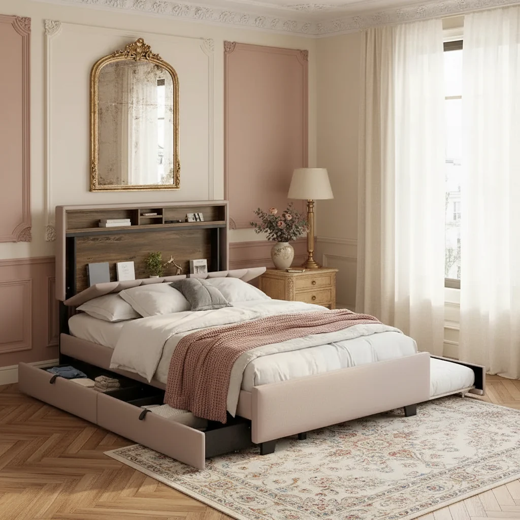 Upholstered Platform Bed with Storage Headboard