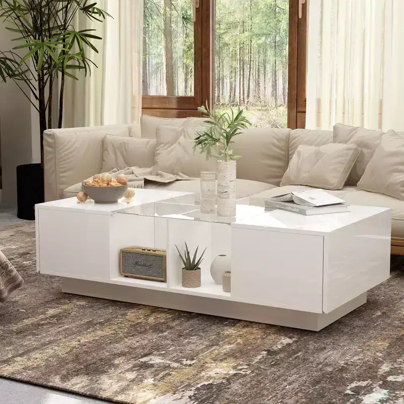 White High-Gloss LED Coffee Table - Multi-Zone Storage with Drawer & Open Compartments