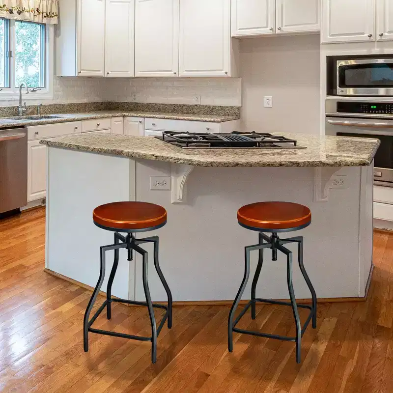 Adjustable Swivel Metal Kitchen Counter Barstool with Wood Veneer Seat, Brown and Black, Set of 2
