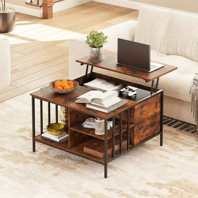 31.5 Farmhouse Lift-Top Coffee Table with Adjustable Height, Hidden Compartment & 3 Shelves for Living Room
