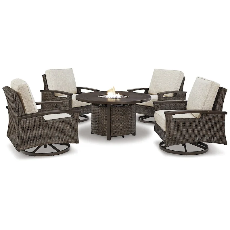 Signature Design by Ashley Paradise Trail Medium Brown/Beige Outdoor Fire Pit Table with 4 Nuvella Swivel Lounge Chairs