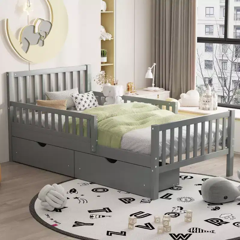 Twin Wood Platform Bed with Guardrails and 2 Storage Drawers, Gray