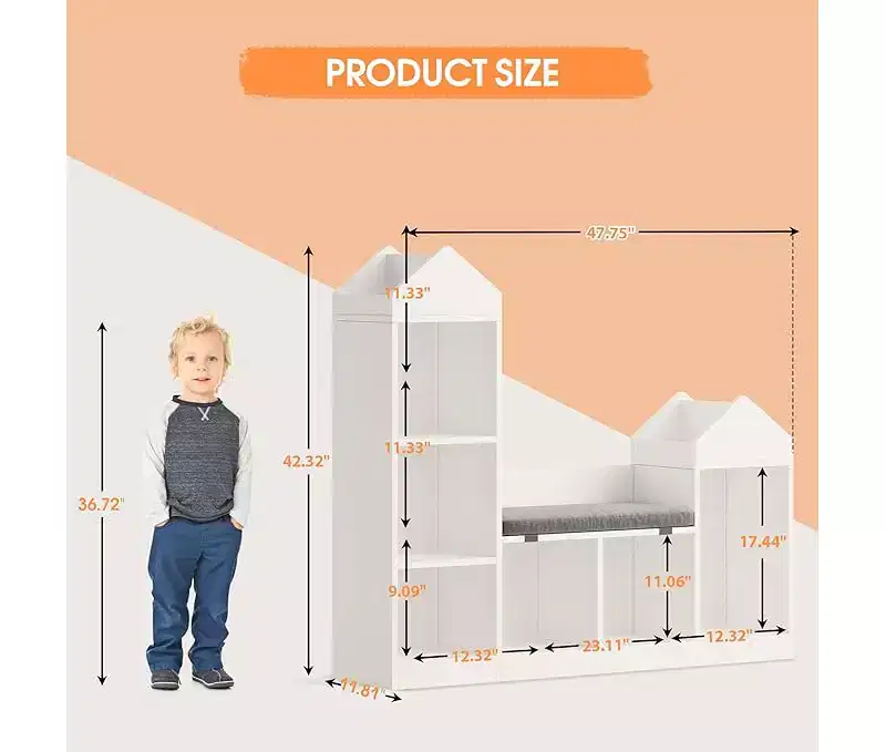 Children's Bookcase, 6 Cube Storage Cubes for Children with Seat Cushion, Roof Shaped Bookcase for Children, Anti-Tip Kit, White