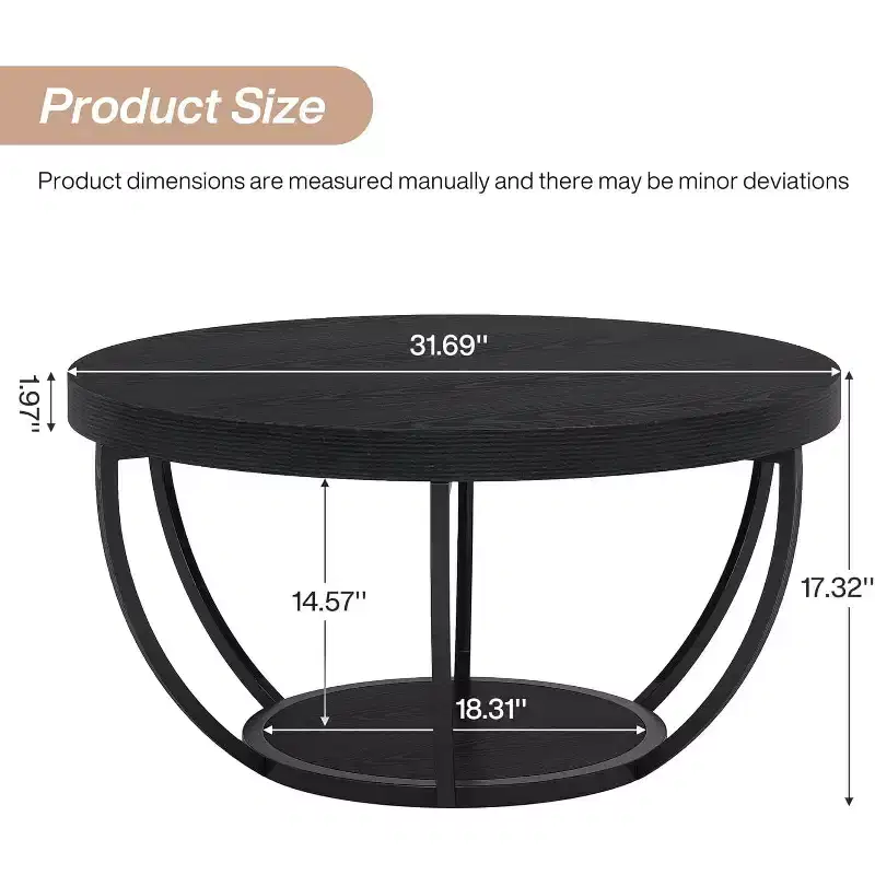 Lantine Round Coffee Table, Farmhouse 32 Circle Coffee Table for Living Room, Modern 2-Tier Wood Accent Center Table with Storage Open Shelves, Black