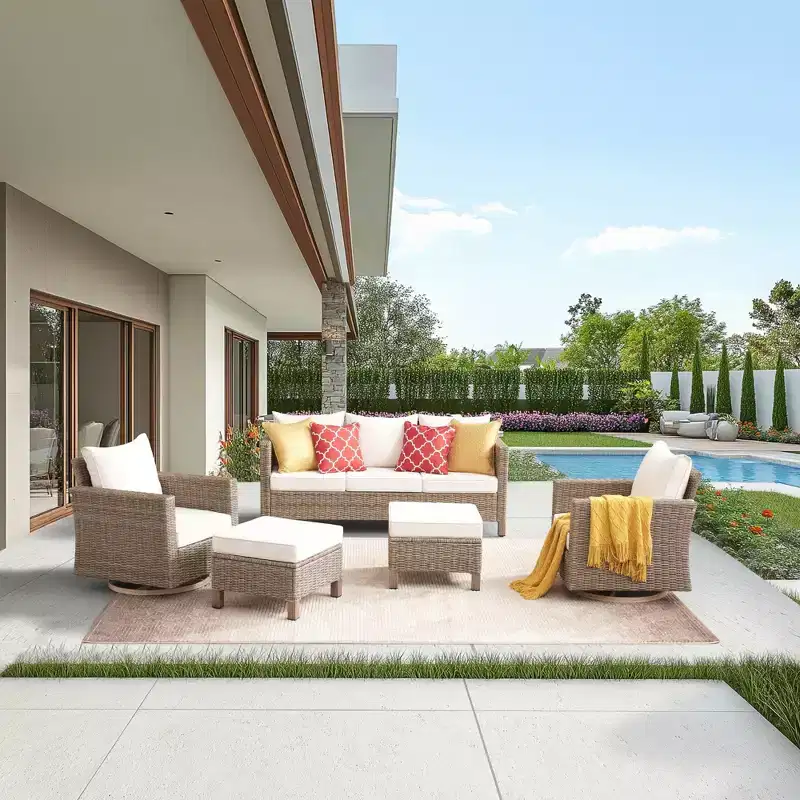 5 Piece Conversation Patio Furniture Set With Swivel Chairs and Cushions