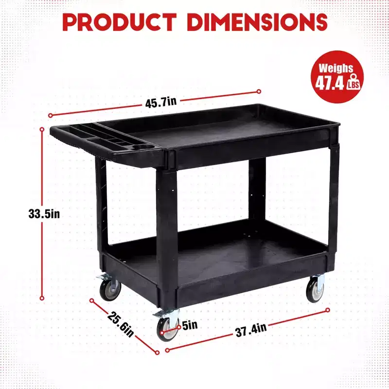 45 x 25-Inch 2-Tier Rolling Utility Cart with Lipped Shelves, 550 lbs Capacity, Heavy-Duty Wheels