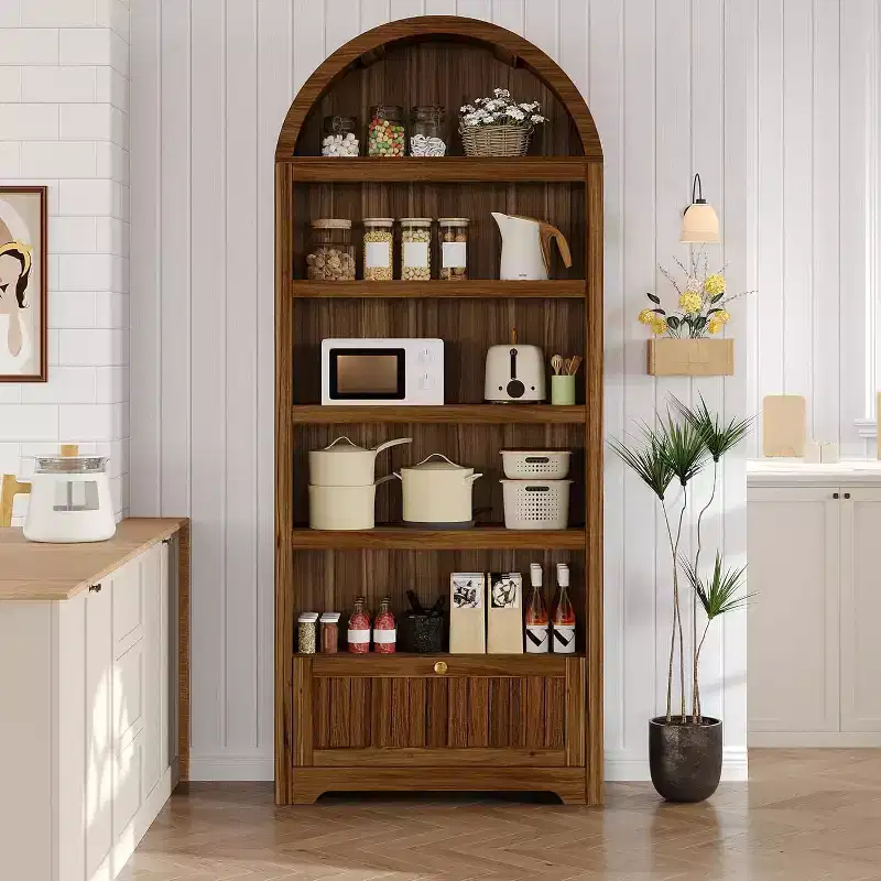 71 Tall Farmhouse Arched Bookshelf with 6 Tiers, Drawer, and Storage Cabinet, Modern Open Display Bookcase for Living Room, Office, or Kitchen