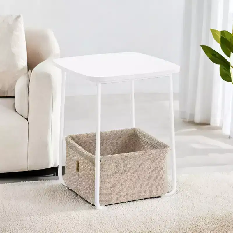 Modern Nightstand with Fabric Basket Square Bedside Table, End Table, Side Table for Living Room, Bedroom Matte White and Camel Brown