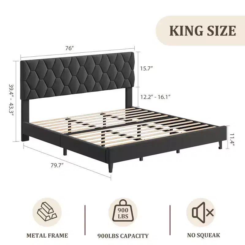 COZONY King Size Platform Bed Frame with Upholstered Headboard, Wooden Slats Support, No Box Spring Needed