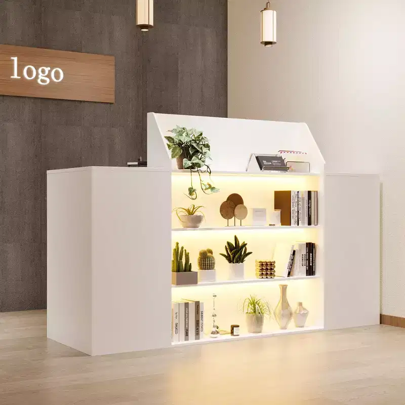 Hitow White Multi-Function Reception Desk Cash Register: Lockable Storage + LED Display Shelves + Keyboard Tray  Modern Cash Register/Welcome Station