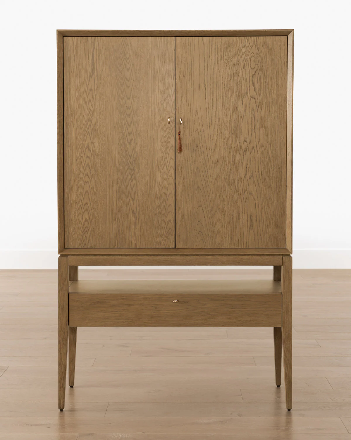 Rustic Honey Oak Cabinet with Ring Pulls & Beveled Edges for Living Room