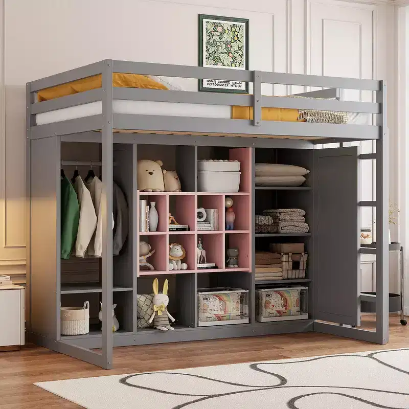 Whisen Twin Size Wood Loft Bed, Smart Storage with Wardrobe, Shelves & Cabinet, Colorful Design