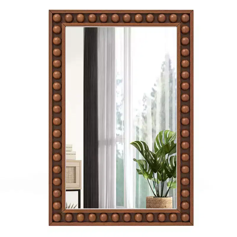 24 x 36 Rustic Decorative Wall Mirror with Solid Wood Frame Beads Brown/White