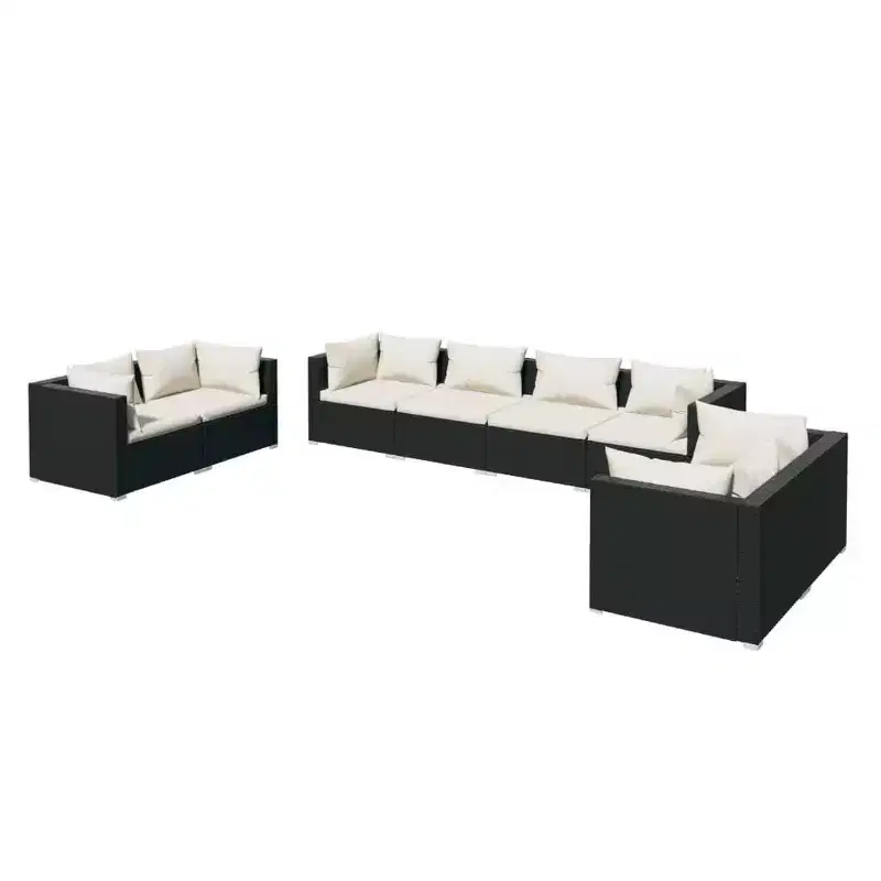 vidaXL 8 Piece Patio Lounge Set with Cushions, Poly Rattan Outdoor Furniture Set, Modular Design, Water-Resistant, Cream Cushions, Black