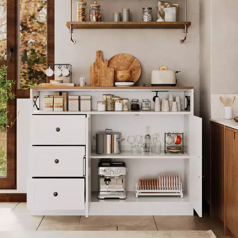 47 Sideboard Buffet Cabinet - Wood Coffee Bar Table w/ Soft-Close Doors & Adjustable Shelf, Coffee Pantry Cabinet for Small Kitchen,Studio Apartment