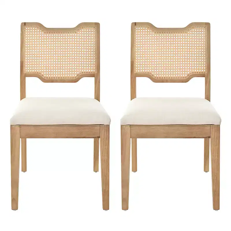 Lea Farmhouse Rubberwood Rattan Upholstered Dining Chairs