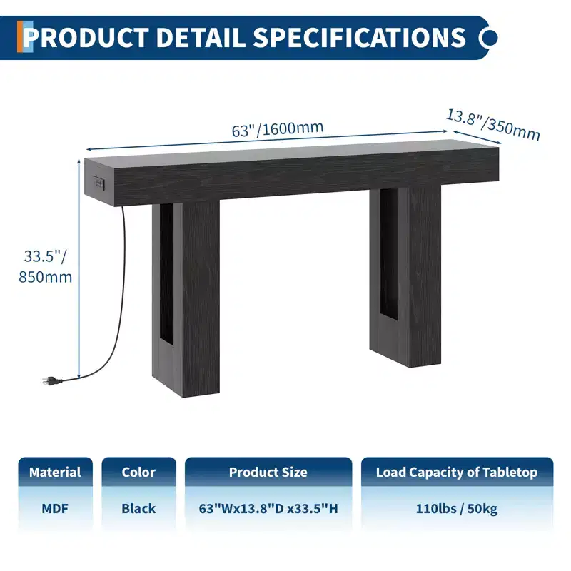 63 Inch Extra Long Sofa Console Table with Power Outlet, USB & Type-C Ports, Slim Narrow Entryway Table for Hallway, Behind Couch or Living Room