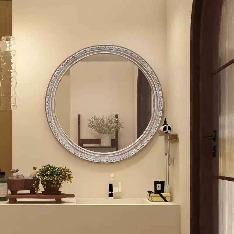 GDFStudio Valemont 23.6 Ornate Round Distressed Frame Wall Mirror