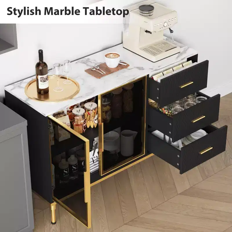 GustoWave 46.4 in Fluted Kitchen Sideboard Cabinet with 2 Glass Doors 3 Drawers and Shelves, Faux Marble Top Buffet Table, Black