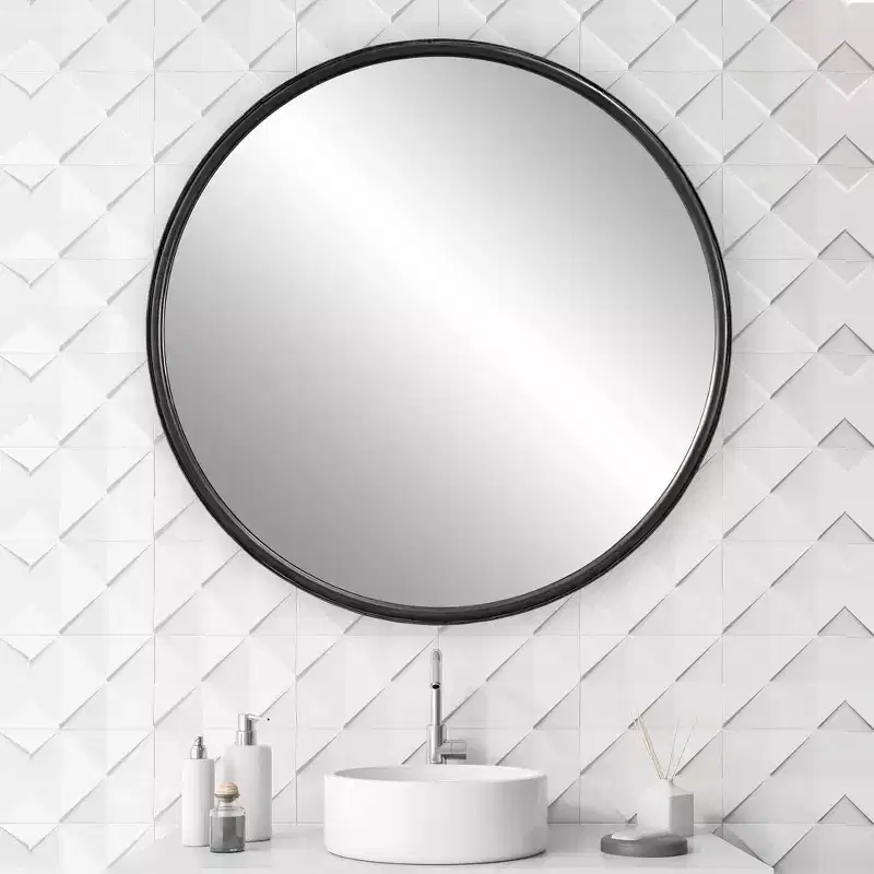 Uttermost Round Vanity Decorative Wall Mirror Modern Aged Black Gray Iron Banded Frame 44 Wide for Bathroom Bedroom Living Room