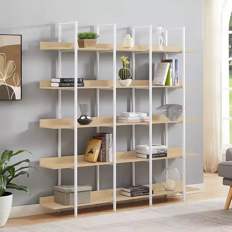 5 Tier Bookcase Home Office Open Bookshelf, Vintage Industrial Style Shelf, MDF Board, White Metal Frame
