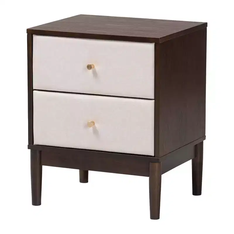 Mid-Century Fabric and Wood 2 Drawer Nightstand, Beige/Wenge Brown