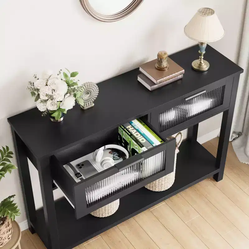 COZONY 43 Modern Wood Console Table with 2 Glass Drawers, Narrow Entryway Table with Spacious Storage for Living Room, Hallway, Foyer, Kitchen