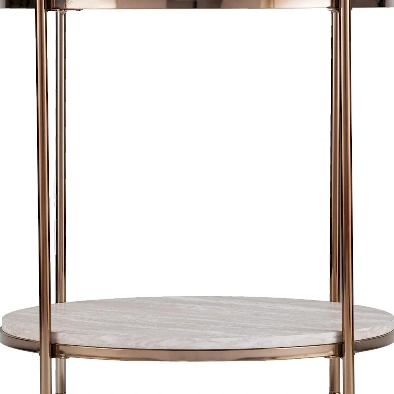 HomeRoots 24 Champagne Faux Marble And Iron Round End Table With Shelf - 22x22x24.25