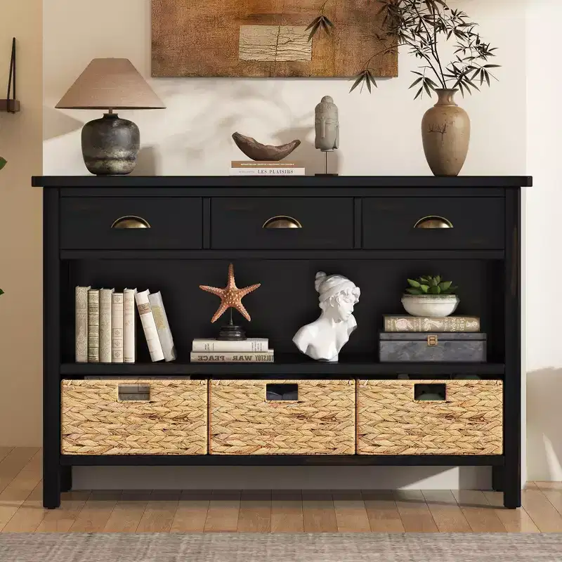 Retro Console Table, Buffet Cabinet with 6 Storage Drawers and 1 Open Shelf, Storage Cabinet for Living Room, Entryway, Hallway