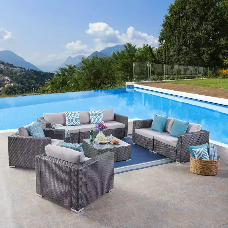 Christopher Knight Home Chloe Outdoor Wicker 7 Seater Sofa Chat Set with Cushions, Gray/Light Gray