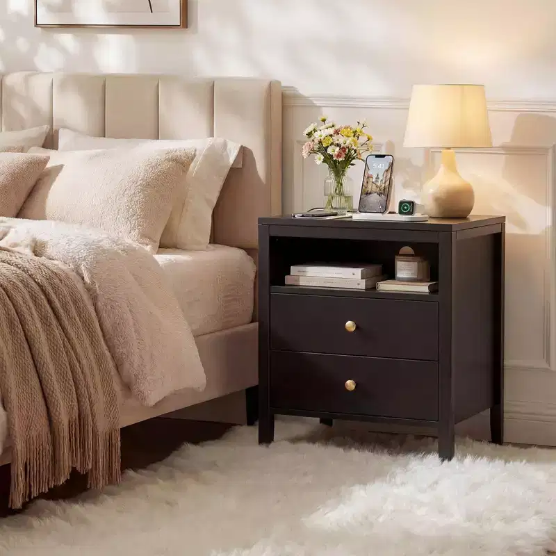 Black Nightstand with Charging Station, 2 Drawers & Open Shelf, Modern Wood Bedside Table with Metal Knobs for Bedroom/Living Room/Office