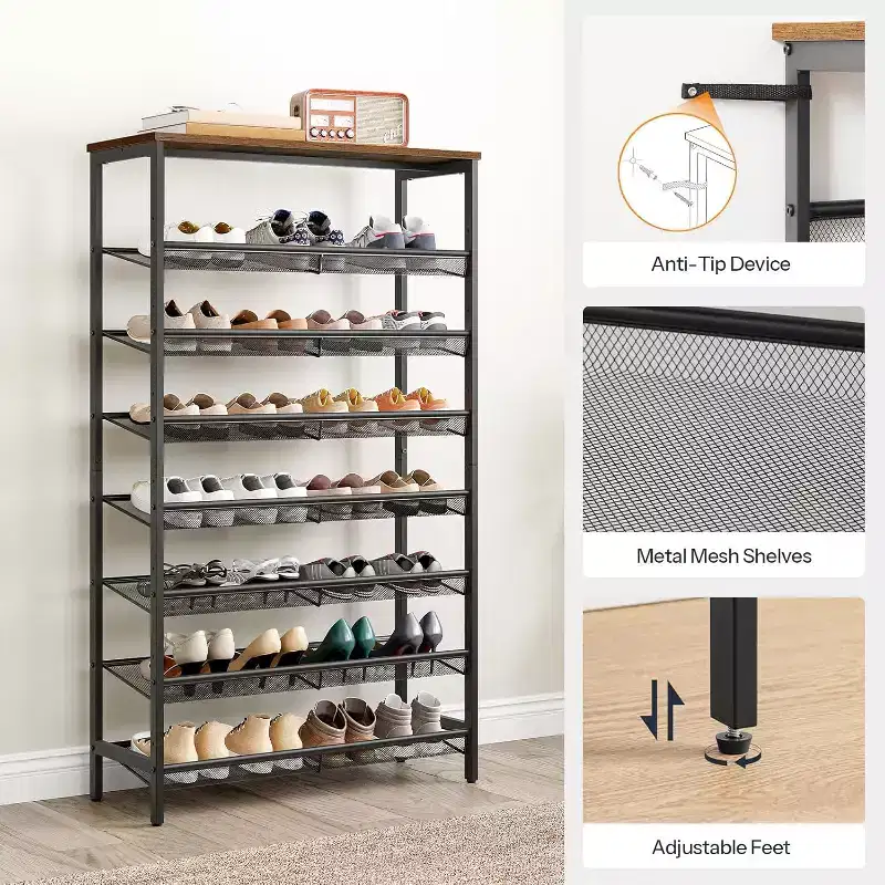 8-Tier Shoe Rack – Holds 21–24 Pairs, Space-Saving Rustic Brown & Black