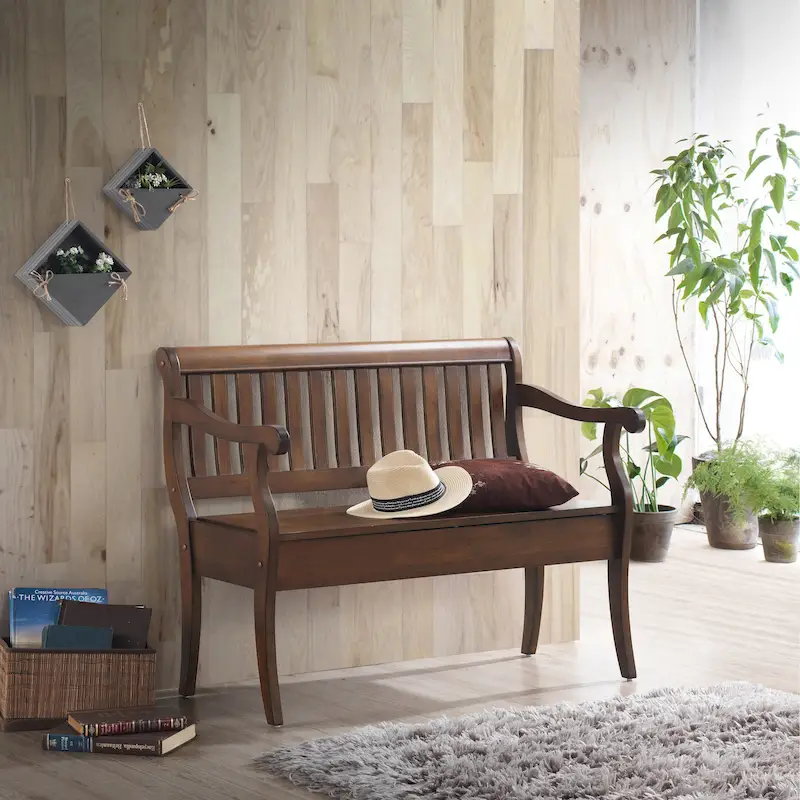 Storage Bench with Slatted Back & Scrolled Arms, Antique Finish, 42.38