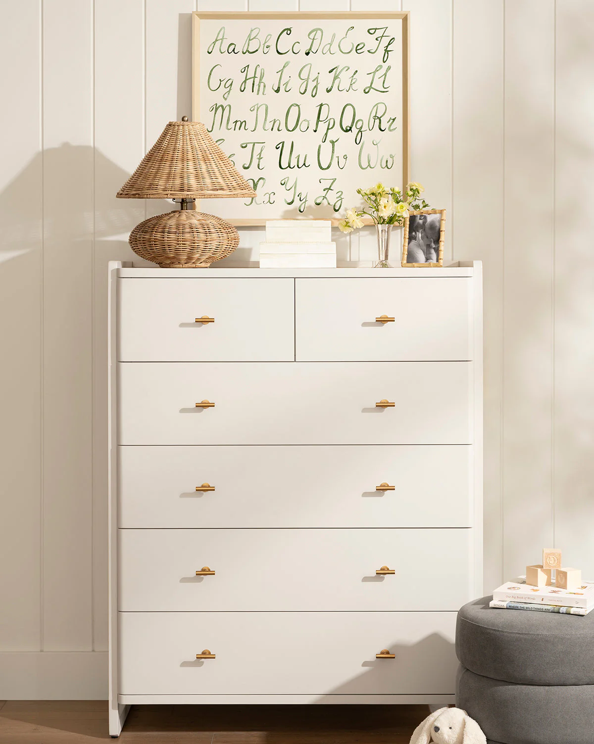 Classic Tallboy Dresser with Six Drawers & Brass Hardware for Bedroom