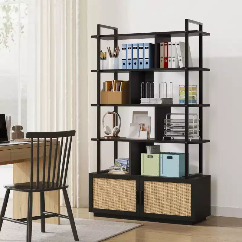 71.1 Inch Height 5-Tier Rattan Bookshelf with Storage and Open Display Shelves - Industrial Bookcase with Metal Frame for Living Room, Bedroom