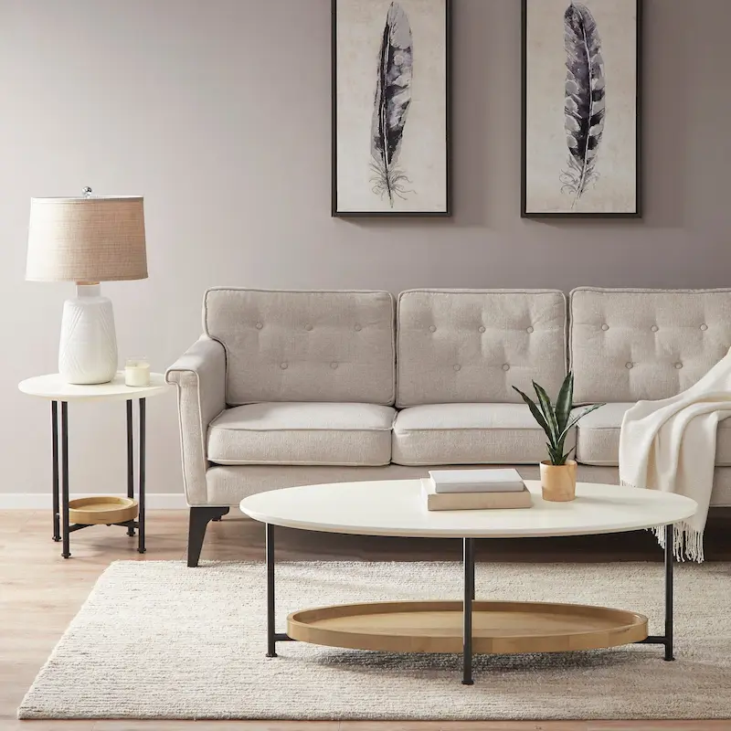 Oval Coffee Table with White Top and Natural Shelf