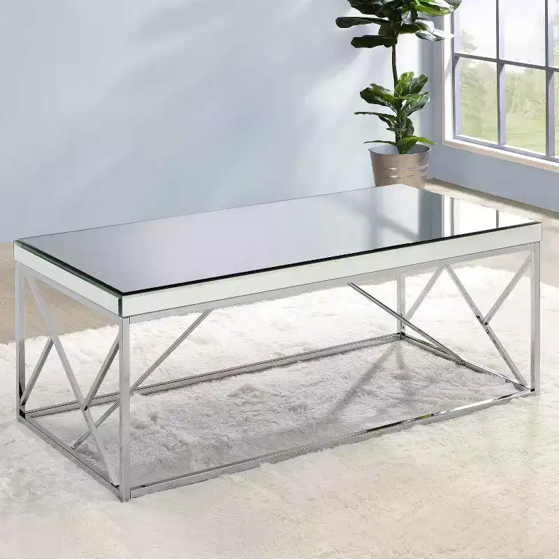 Evelyn Mirror Top Cocktail Table Chrome - Steve Silver Co.: Geometric Iron Base, Rectangle Shape