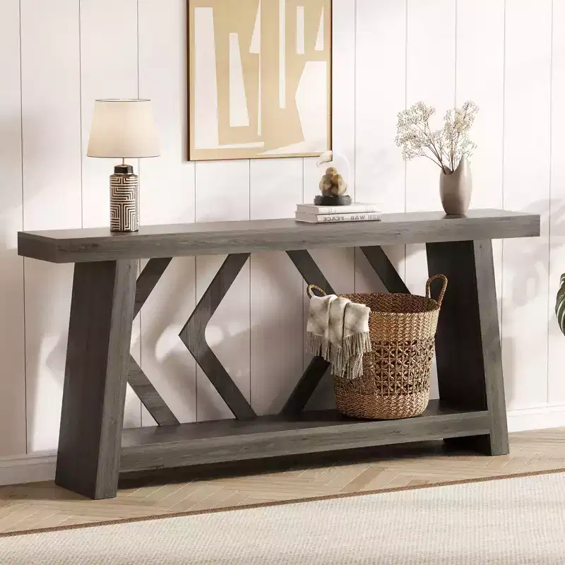 70.9 All-Wood Console Table - 2-Tier Narrow Entryway & Hallway Table - Rustic Brown Farmhouse Sofa Table with Trapezoid Legs
