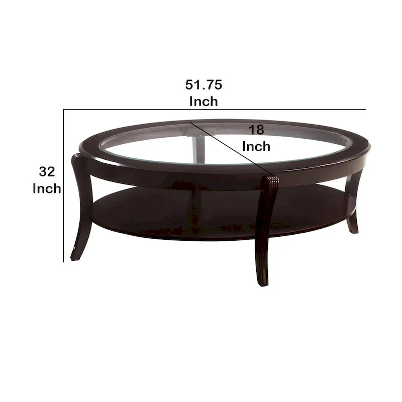 Oval Wooden Cocktail Table with Glass Insert and Open Shelf, Espresso Brown