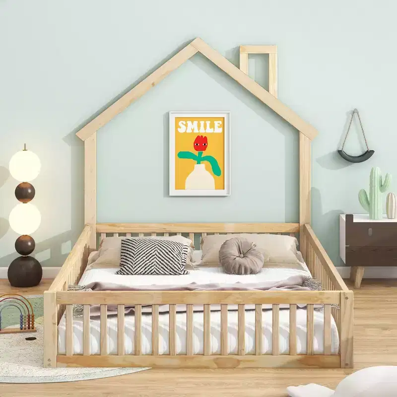 Full Size House Platform Bed with Guardrail, Solid Pine Wood, Kids Bedroom