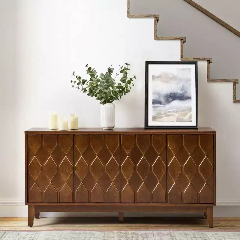 60 Modern Wide Sideboard with Geometric Relief Door Fronts - Walnut