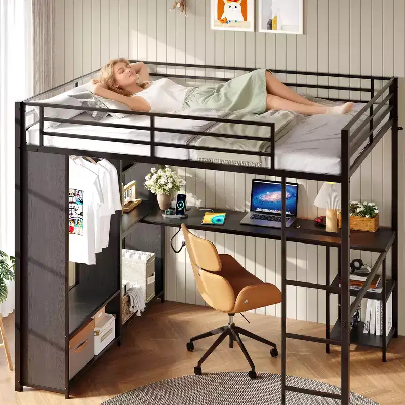 Space-Saving Metal Loft Bed Frame with L-Shaped Desk, Wardrobe, Storage Shelves, Hanging Rod, Guardrail, Sturdy Ladder, for Adults & Teens Bedrooms