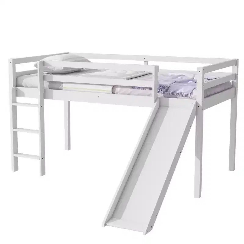 Twin Low Loft Bed with Slide, Ladder & Safety Guardrails, Solid Wood, White