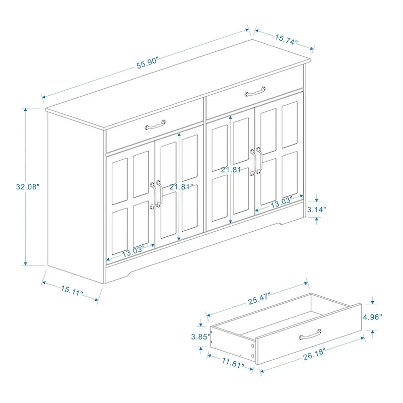 Large Farmhouse Buffet Cabinet Storage Sideboard w/2 Drawers & 4 Doors